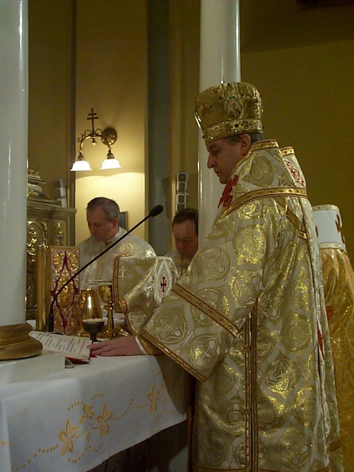 A Bishop celebrating the Divine Liturgy in an Eastern Catholic Church in Prešov, Slovakia. A Bishop reciting the Liturgy in a Greek Catholic Church in Slovakia.