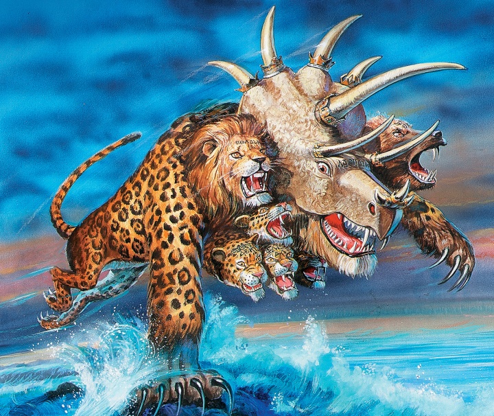 This end-time alliance of nations is introduced as ”a beast rising out of the sea, having seven heads and ten horns, and on his horns ten crowns, and on his heads a blasphemous name.” Artist illustration of the beast mentioned in Revelation 13.